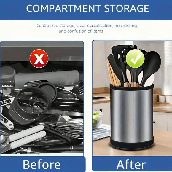 Stainless Steel Kitchen Utensil Holder 360 Rotating - Picture 3 of 8